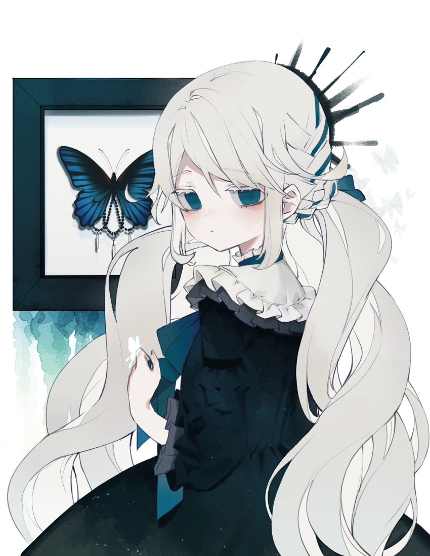 1girl absurdres back bizet blue_eyes braid bug butterfly closed_mouth commentary_request expressionless gothic gothic_lolita highres lolita_fashion long_hair low_twintails original solo twintails upper_body very_long_hair wavy_hair white_hair