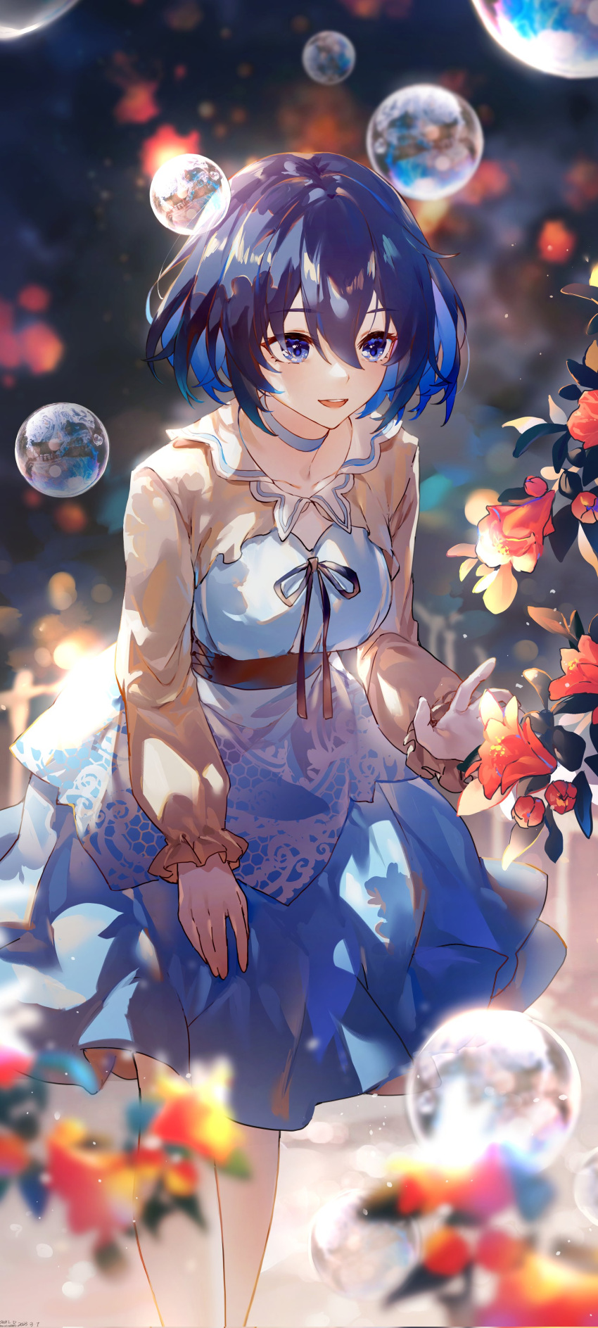 1girl absurdres blue_eyes blue_hair blurry blurry_background breasts bubble depth_of_field dress feet_out_of_frame flower hair_between_eyes highres honkai_(series) honkai_impact_3rd medium_breasts multicolored_clothes multicolored_dress seele_vollerei short_hair sidelocks sleeves_past_wrists smile solo swkl:d