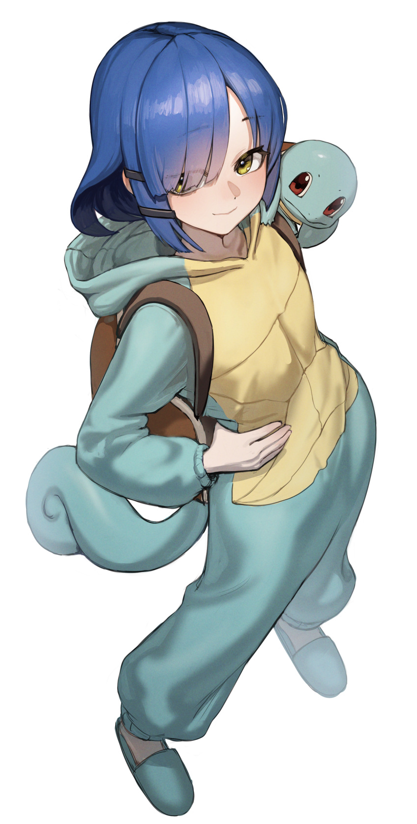 1girl absurdres apopo backpack bag blue_hair bocchi_the_rock! closed_mouth cosplay full_body green_eyes hair_ornament hairclip hands_on_hips highres looking_at_viewer pokemon pokemon_(creature) short_hair simple_background single_sidelock slippers smile squirtle squirtle_(cosplay) standing white_background yamada_ryou