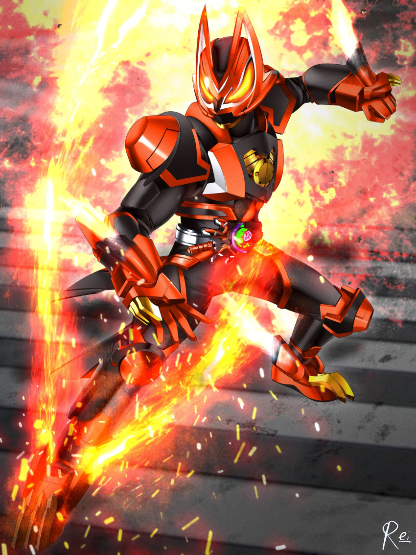 1boy absurdres armor black_armor black_bodysuit bodysuit boost_mark_ii_buckle commentary_request cowboy_shot desire_driver fighting_stance fire flame_print fox fox_boy fox_mask gloves glowing glowing_eyes green_fire highres hitodama incoming_attack kamen_rider kamen_rider_geats kamen_rider_geats_(series) kamen_rider_geats_boost_mark_ii kitsune male_focus mask mixed-language_commentary mouth_guard multiple_tails orange_eyes power_armor raise_buckle raised_fist red_footwear red_gloves reiei_8 shoulder_armor solo tail thighs