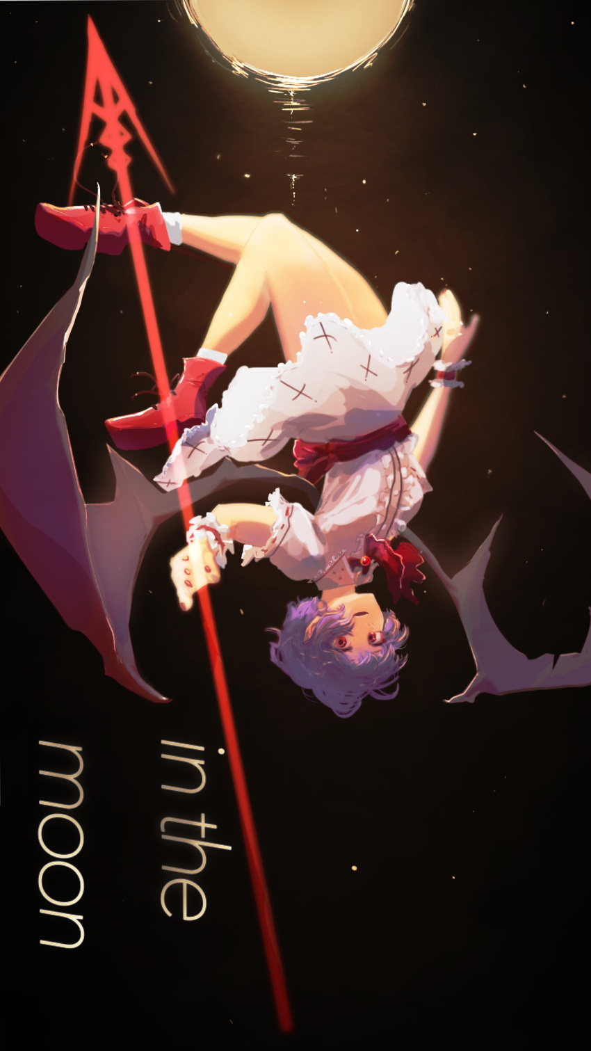 1girl absurdres ascot bangs bat_wings boots brown_wings commentary_request cross_print dress frilled_shirt_collar frilled_sleeves frills full_body highres holding holding_polearm holding_weapon howah18 looking_at_viewer no_headwear open_mouth polearm purple_hair red_ascot red_eyes red_footwear red_sash remilia_scarlet sash short_hair socks solo spear spear_the_gungnir touhou upside-down weapon white_dress white_socks wings wrist_cuffs