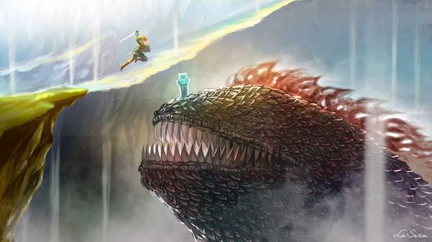 1boy 1other attack boss_fight cliff green_tunic highres holding holding_sword holding_weapon jumping la-sera link master_sword monster scales sword the_imprisoned the_legend_of_zelda the_legend_of_zelda:_skyward_sword weapon