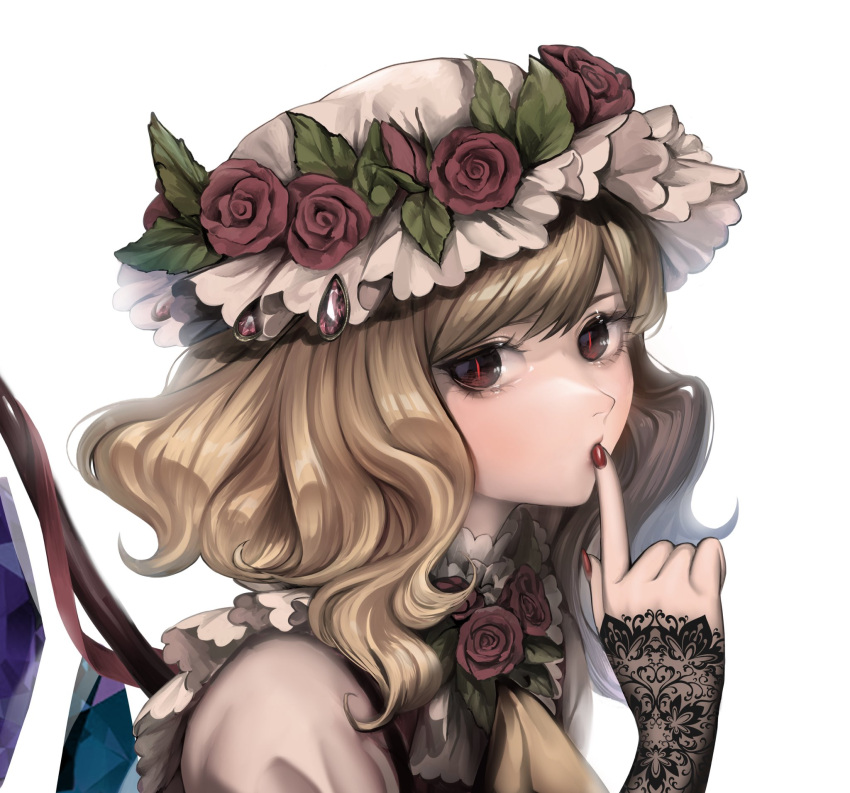 1girl bangs blonde_hair bloom crystal embellished_costume eyebrows_hidden_by_hair finger_to_mouth fingernails flandre_scarlet flower hand_up hat hat_flower highres index_finger_raised looking_at_viewer medium_hair miyako_yamamoto mob_cap nail_polish portrait red_eyes red_flower red_nails red_rose rose simple_background slit_pupils solo swept_bangs touhou upper_body white_background wings