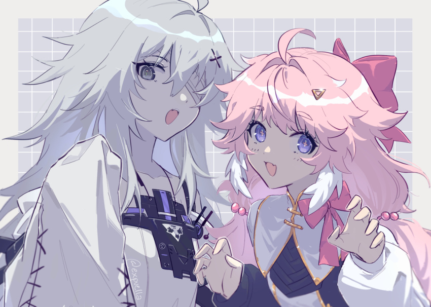 2girls ahoge anke_(wuthering_waves) bandage_over_one_eye blue_eyes commentary cross-shaped_pupils crossover dress fang grey_hair hair_ribbon highres long_hair mao_(expuella) messy_hair multiple_girls no.21_(punishing:_gray_raven) open_mouth pink_hair pink_pupils pink_ribbon punishing:_gray_raven ribbon skin_fang sleeves_past_fingers sleeves_past_wrists suspenders symbol-shaped_pupils teeth triangle_hair_ornament twintails twitter_username upper_teeth_only white_dress wuthering_waves