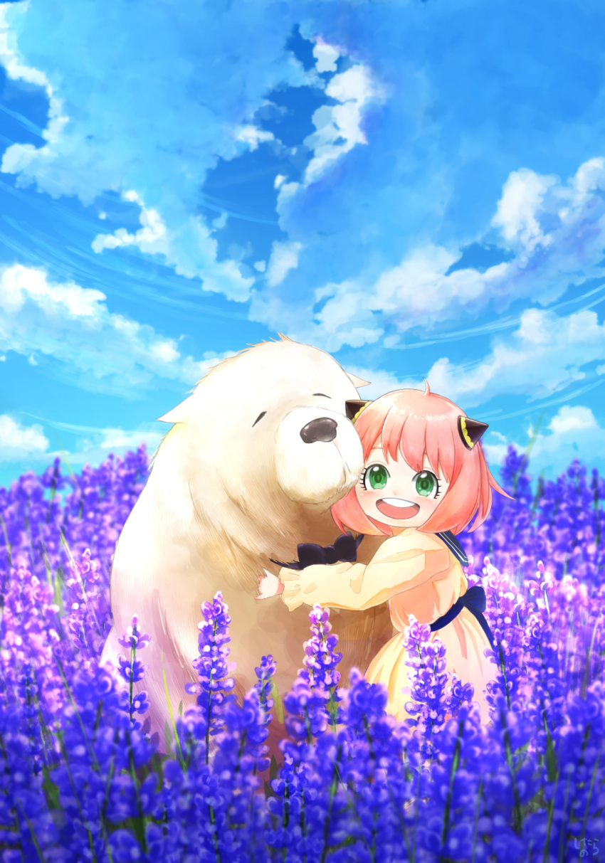 animal_hug anya_(spy_x_family) blush bond_(spy_x_family) child clouds cone_hair_bun dog dress eyelashes female_child field flower flower_field green_eyes hair_bun hairpods highres open_mouth pink_hair purple_flower shitaraoh spy_x_family teeth upper_teeth_only white_dog white_dress