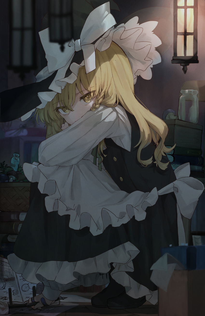 1girl absurdres apron arm_on_knee bandaid bandaid_on_hand basket black_dress black_footwear black_headwear blonde_hair book bow braid chu_(yuzumeno) commentary_request dress frilled_apron frilled_hat frilled_skirt frills from_side full_body green_ribbon hat hat_bow highres holding indoors jar kirisame_marisa knees_up lantern long_hair long_sleeves looking_at_viewer mushroom open_book ribbon single_braid skirt solo squatting touhou white_apron white_bow witch_hat yellow_eyes