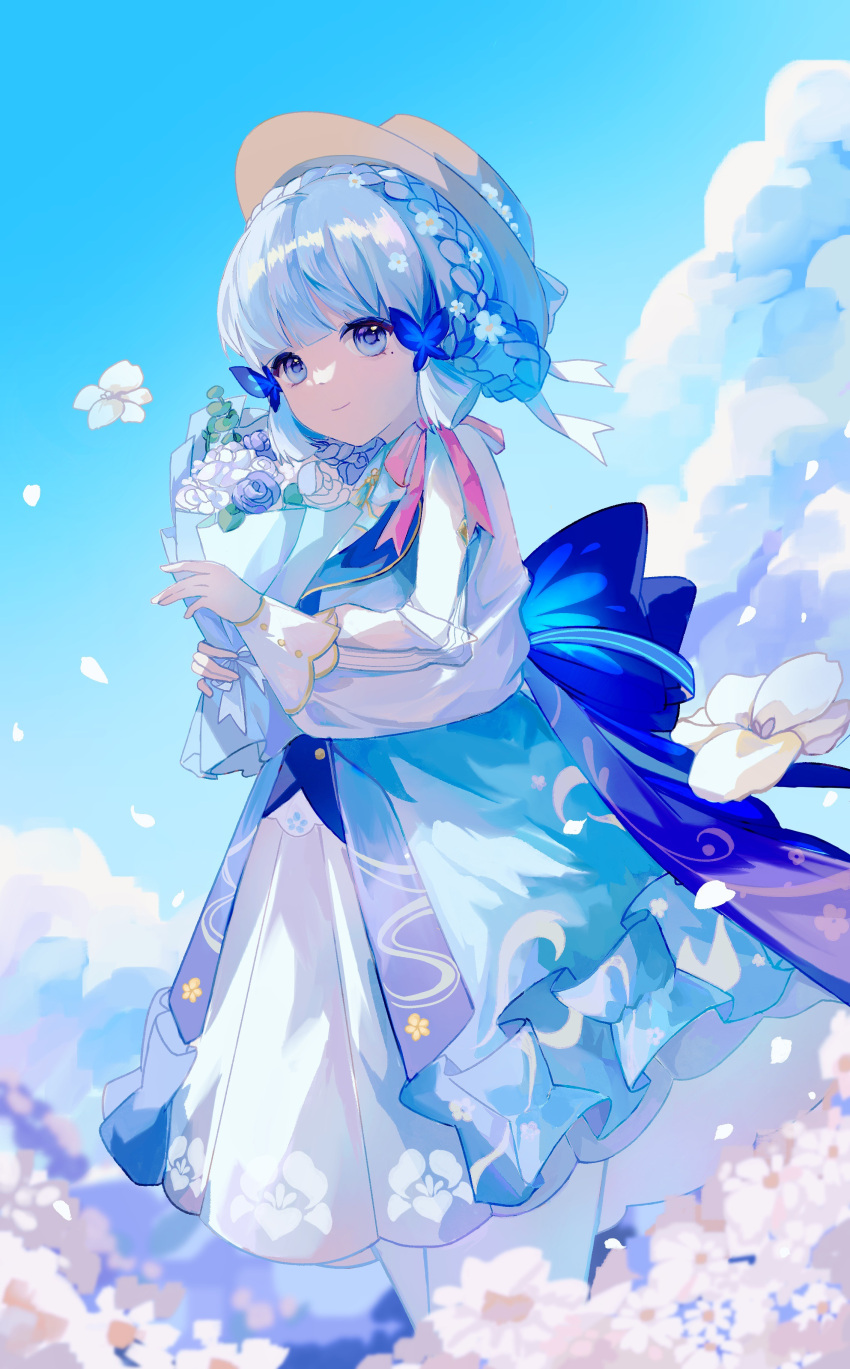 1girl absurdres bangs blue_dress blue_eyes blue_flower blue_hair blue_rose blue_sky blunt_bangs blunt_tresses bouquet brown_headwear closed_mouth clouds commentary_request dress feet_out_of_frame field flower flower_field genshin_impact hat highres holding holding_bouquet jueyunjian kamisato_ayaka kamisato_ayaka_(springbloom_missive) light_blue_hair long_sleeves looking_at_viewer medium_hair mole mole_under_eye multicolored_clothes multicolored_dress official_alternate_costume official_alternate_hairstyle outdoors pantyhose pink_ribbon puffy_long_sleeves puffy_sleeves ribbon rose sky smile solo white_dress white_flower white_pantyhose white_rose
