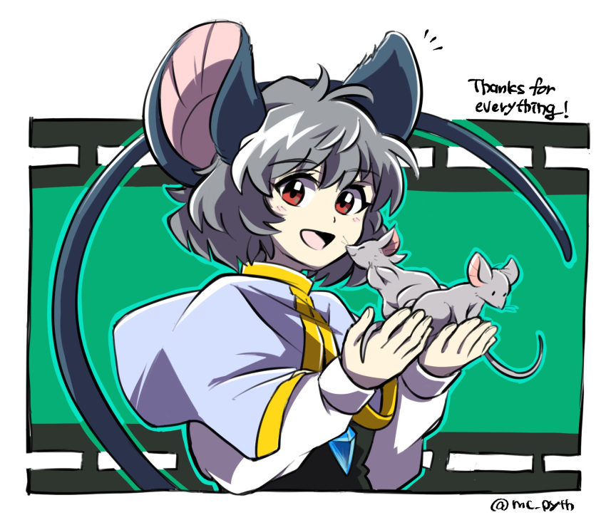 1girl :d animal animal_ears bangs capelet commentary_request grey_hair grey_shirt highres holding holding_animal jewelry long_sleeves looking_at_viewer mc_pyth mouse mouse_ears mouse_tail nazrin necklace notice_lines open_mouth red_eyes shirt short_hair smile solo tail touhou twitter_username