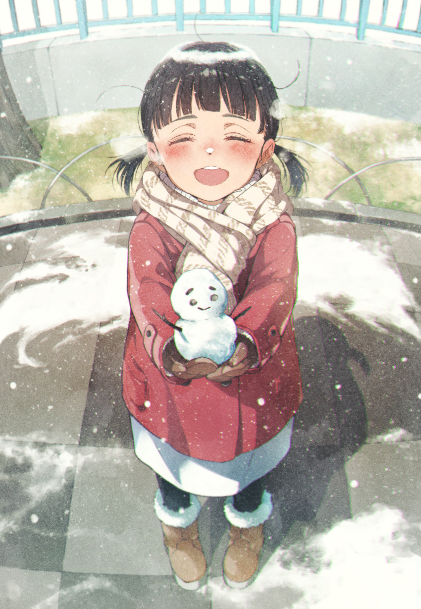 1girl :d ^_^ angel_wings black_hair blush boots breath closed_eyes cold commentary fur_trim gloves gomennasai highres holding jacket open_mouth original outdoors round_teeth scarf shadow smile snow snowing snowman solo teeth twintails upper_teeth_only wings