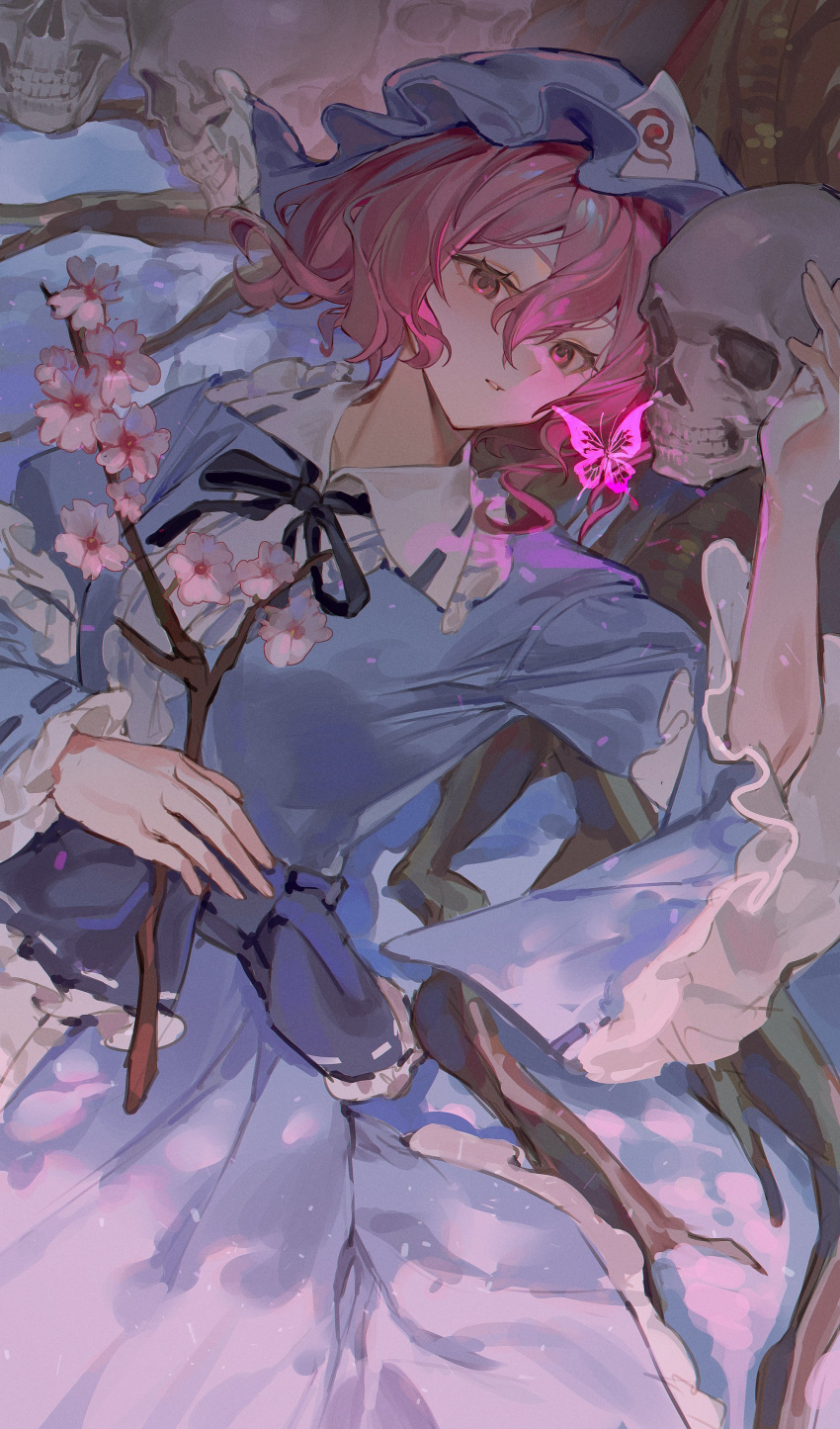 1girl absurdres black_ribbon blue_hat blue_kimono blue_sash branch bug butterfly cherry_blossoms chinese_commentary commentary ender_xiaohai expressionless flower frilled_shirt_collar frills hat highres holding holding_branch japanese_clothes kimono long_sleeves looking_at_viewer lying mixed-language_commentary mob_cap on_back parted_lips pink_eyes pink_flower pink_hair ribbon ribbon-trimmed_collar ribbon-trimmed_sleeves ribbon_trim saigyouji_yuyuko sash short_hair skull solo touhou tree triangular_headpiece under_tree wide_sleeves