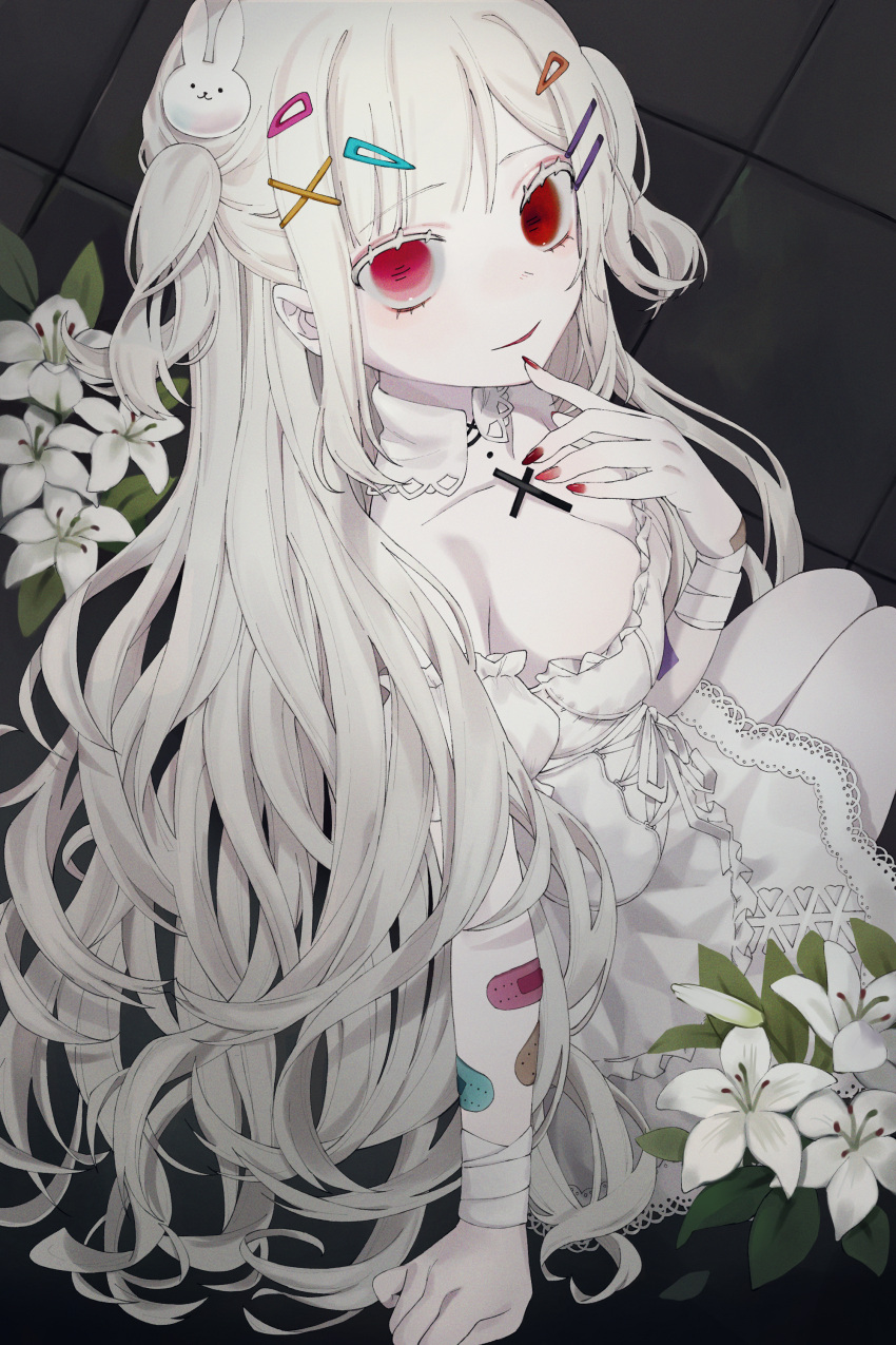 1girl absurdres bandages bandaid bizet commentary_request dress flower from_above gothic gothic_lolita heterochromia highres lily_(flower) lolita_fashion long_hair looking_at_viewer original pink_eyes red_eyes solo two_side_up very_long_hair