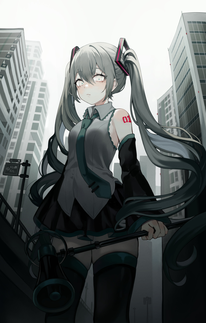 1girl absurdres aqua_eyes aqua_hair aqua_necktie bangs bizet black_footwear black_thighhighs breasts city clouds cloudy_sky collared_shirt commentary detached_sleeves full_body grey_shirt hair_between_eyes hatsune_miku headset highres holding holding_paper long_hair looking_at_viewer necktie open_mouth outdoors paper pleated_skirt shirt skirt sky sleeveless sleeveless_shirt small_breasts solo standing thigh-highs twintails vocaloid