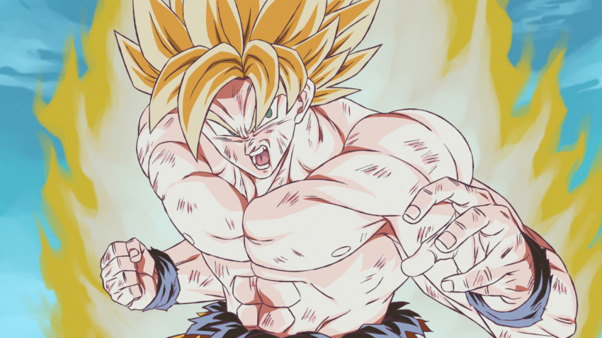 1boy aura battle_damage blonde_hair dragon_ball dragon_ball_z green_eyes male_focus muscular muscular_male open_mouth rom_(20) solo son_goku spiky_hair super_saiyan super_saiyan_1 topless_male wristband