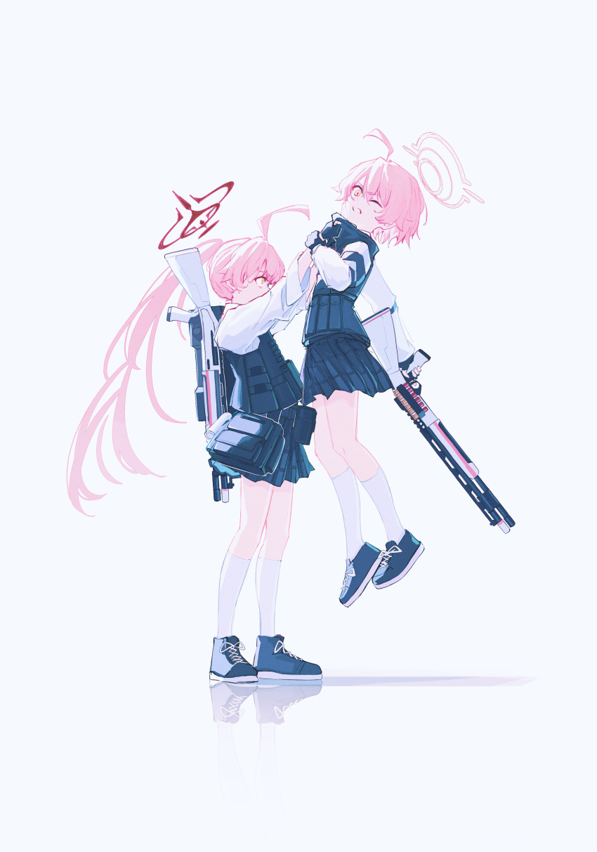 2girls absurdres ahoge ammunition_pouch armband ballistic_shield beretta_1301 black_armband blue_archive bulletproof_vest dark_halo dual_persona fingerless_gloves full_body gloves gun halo highres hoshino_(armed)_(blue_archive) hoshino_(blue_archive) hoshino_(first_year)_(blue_archive) hoshino_terror_(blue_archive) huge_ahoge lifting_person multiple_girls pink_hair pink_halo pleated_skirt pouch red_halo school_uniform shield shirt short_hair shotgun simple_background skirt tactical_school_uniform time_paradox weapon white_shirt yodistira404