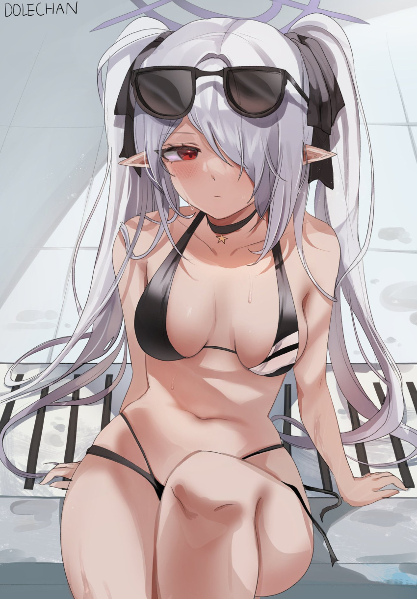 1girl :/ arm_support artist_name bangs bare_arms bare_shoulders bikini black_bikini black_choker black_ribbon blue_archive blush breasts breasts_apart choker dark-skinned_female dark_skin diagonal_stripes dolechan drain_(object) eyewear_on_head grey_hair hair_intakes hair_over_one_eye hair_ribbon halo halterneck highres iori_(blue_archive) iori_(swimsuit)_(blue_archive) knee_up leaning_back long_hair looking_at_viewer medium_breasts multi-strapped_bikini navel one_eye_covered pointy_ears ribbon sitting skindentation solo star_(symbol) star_choker stomach striped sunglasses sweat swept_bangs swimsuit thighs tile_floor tiles tinted_eyewear twintails untied untied_bikini