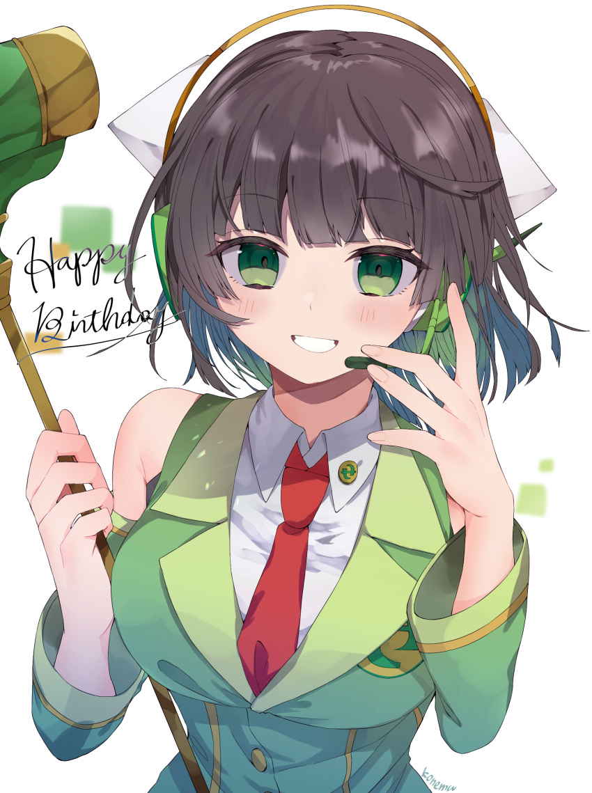 1girl absurdres birthday black_hair breasts collared_shirt detached_sleeves green_eyes hammer happy_birthday headphones highres holding holding_hammer konemu kyoumachi_seika large_breasts looking_at_viewer necktie red_necktie shirt short_hair smile solo upper_body voiceroid white_shirt