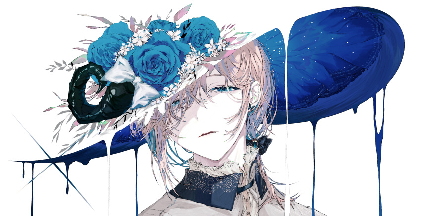 1boy absurdres blending blonde_hair blue_eyes blue_flower blue_headwear blue_rose flower formal hair_between_eyes hat hat_flower highres hino_tsukasa kanae_(nijisanji) looking_at_viewer male_focus mole mole_under_eye multicolored_clothes multicolored_headwear nijisanji parted_lips rose shirt solo turtleneck virtual_youtuber white_background white_flower white_headwear white_shirt