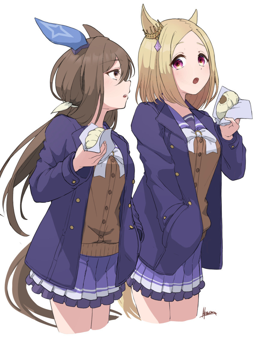 2girls :o admire_vega_(umamusume) alpaca_(alpaca00011) animal_ears baozi blonde_hair bow bowtie brown_cardigan brown_eyes brown_hair cardigan cropped_legs ear_covers ear_ornament food hair_ribbon hand_in_pocket highres holding holding_food horse_ears horse_girl horseshoe_ornament long_hair looking_at_another low_ponytail multiple_girls narita_top_road_(umamusume) pleated_skirt purple_skirt ribbon school_uniform short_hair signature simple_background single_ear_cover skirt tracen_school_uniform tracen_winter_coat umamusume violet_eyes white_background white_bow white_bowtie white_ribbon