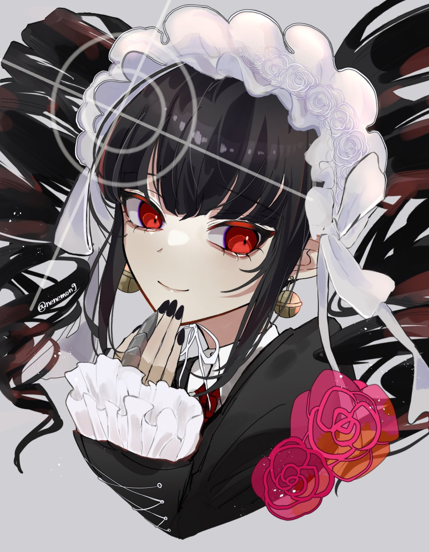 1girl bangs black_hair black_nails bonnet celestia_ludenberg claw_ring cropped_torso danganronpa:_trigger_happy_havoc danganronpa_(series) drill_hair earrings flower frills gothic_lolita grey_background highres jacket jewelry lolita_fashion long_hair long_sleeves looking_at_viewer nail_polish ne_mo necktie red_eyes red_flower simple_background smile solo twin_drills twintails