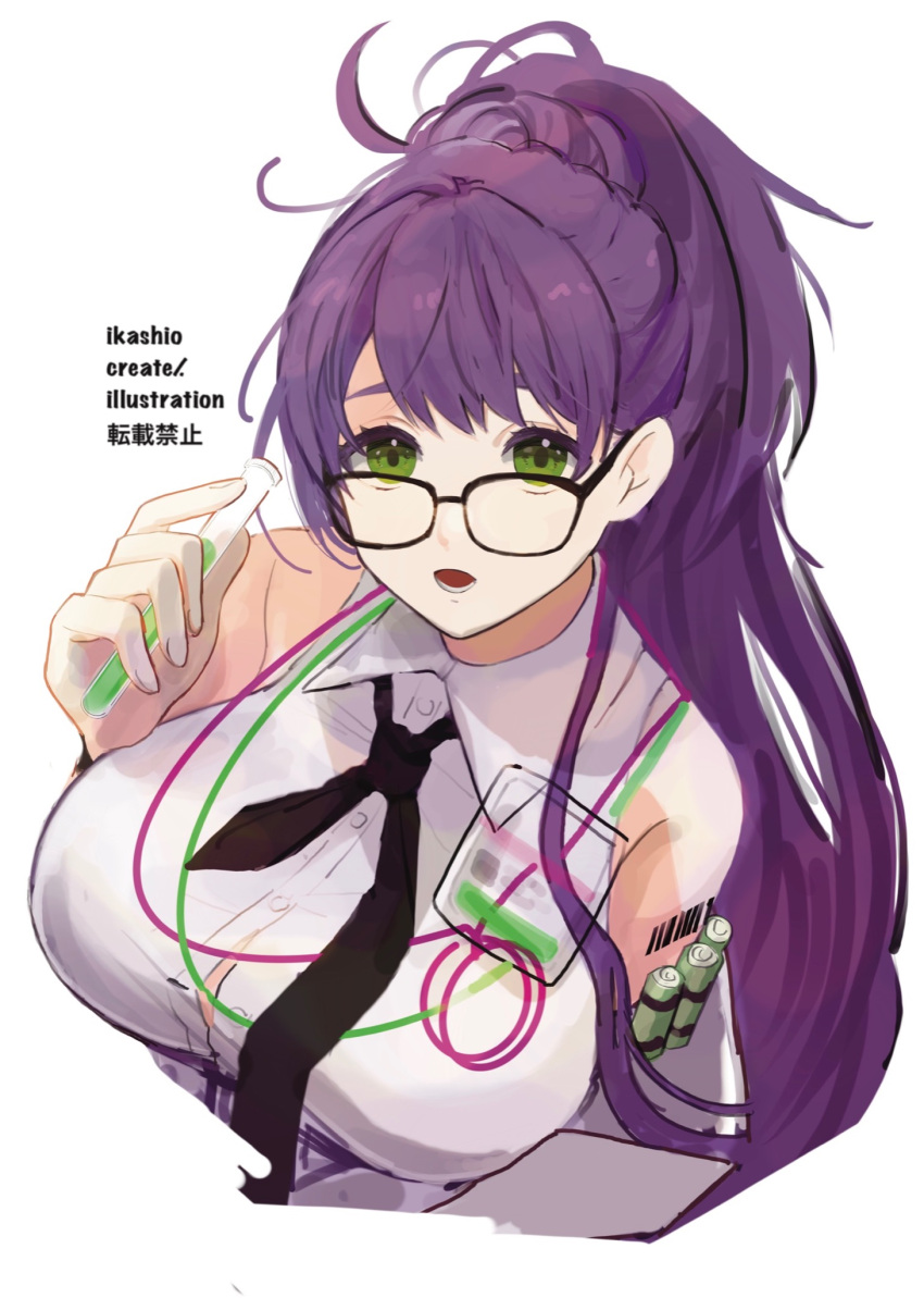 1girl artist_name barcode barcode_tattoo bare_shoulders black-framed_eyewear black_necktie breasts button_gap collared_shirt cropped_torso ether_(nikke) glasses goddess_of_victory:_nikke green_eyes high_ponytail highres holding holding_test_tube k-yosinori large_breasts long_hair lower_teeth_only necktie open_mouth purple_hair shirt simple_background sleeveless sleeveless_shirt solo tattoo teeth test_tube white_background white_shirt