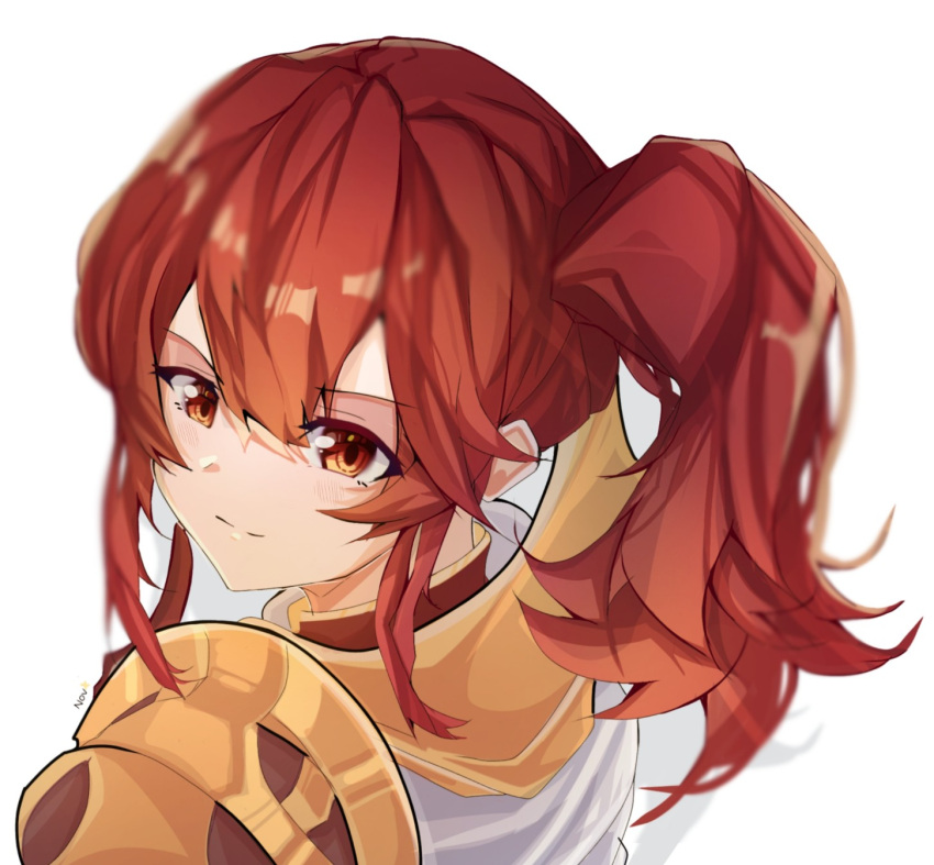 1girl anna_(fire_emblem) armor bangs closed_mouth fire_emblem fire_emblem_heroes gloves hair_between_eyes highres index_finger_raised looking_at_viewer looking_to_the_side novembertimex red_eyes red_gloves redhead shoulder_armor side_ponytail sidelocks smile solo upper_body white_background