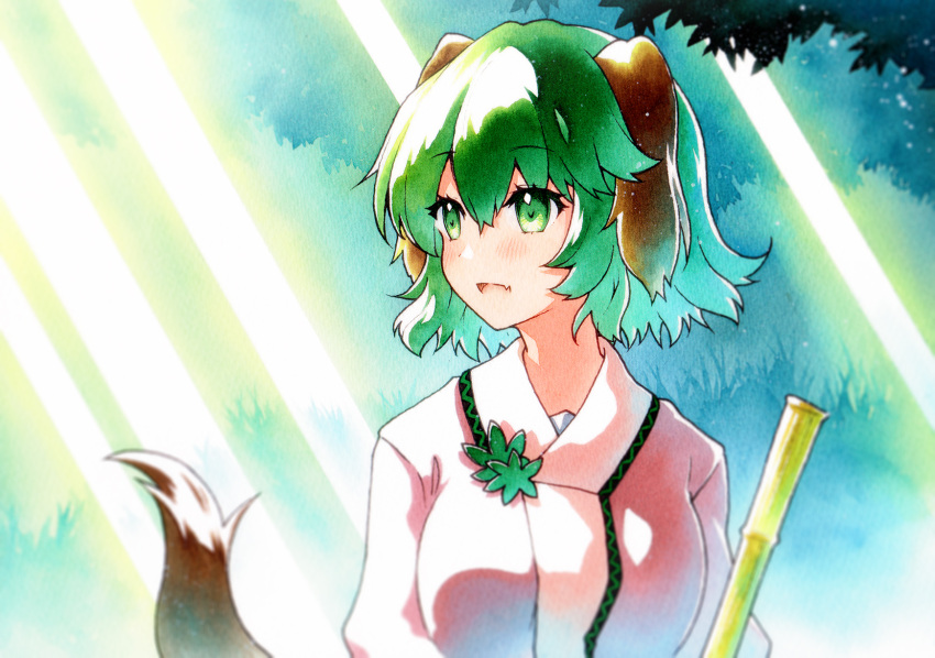 1girl :d animal_ears bangs commentary_request fang green_eyes green_hair highres kasodani_kyouko light_rays long_sleeves looking_to_the_side medium_hair open_mouth pink_shirt qqqrinkappp shirt skin_fang smile solo tail touhou traditional_media upper_body