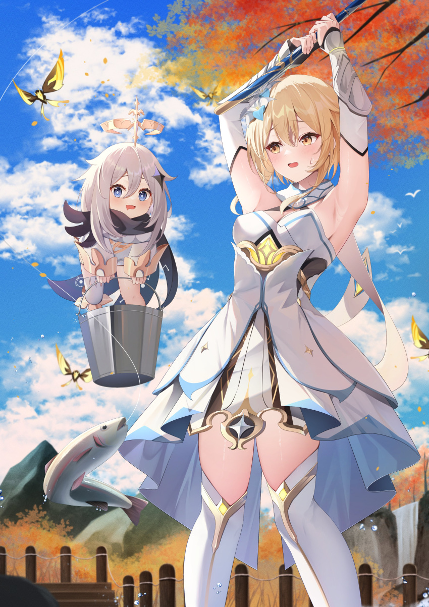 2girls absurdres armpits bangs bare_shoulders black_gloves blonde_hair blue_eyes blue_sky blush boots branch breasts bucket bug bush butterfly clouds cloudy_sky crystal crystal_hair_ornament crystalfly_(genshin_impact) day detached_sleeves dress drooling ekidona fence fishing_rod flower flying genshin_impact gloves grey_dress grey_hair hair_between_eyes hair_ornament halo highres holding holding_bucket holding_fishing_rod long_sleeves looking_at_another looking_to_the_side lumine_(genshin_impact) medium_breasts mountain multiple_girls open_mouth outdoors paimon_(genshin_impact) ribbon short_hair short_hair_with_long_locks sidelocks sky smile standing star_(symbol) tongue tree vision_(genshin_impact) water_drop white_dress white_flower white_footwear white_ribbon wide_sleeves wings yellow_butterfly yellow_eyes