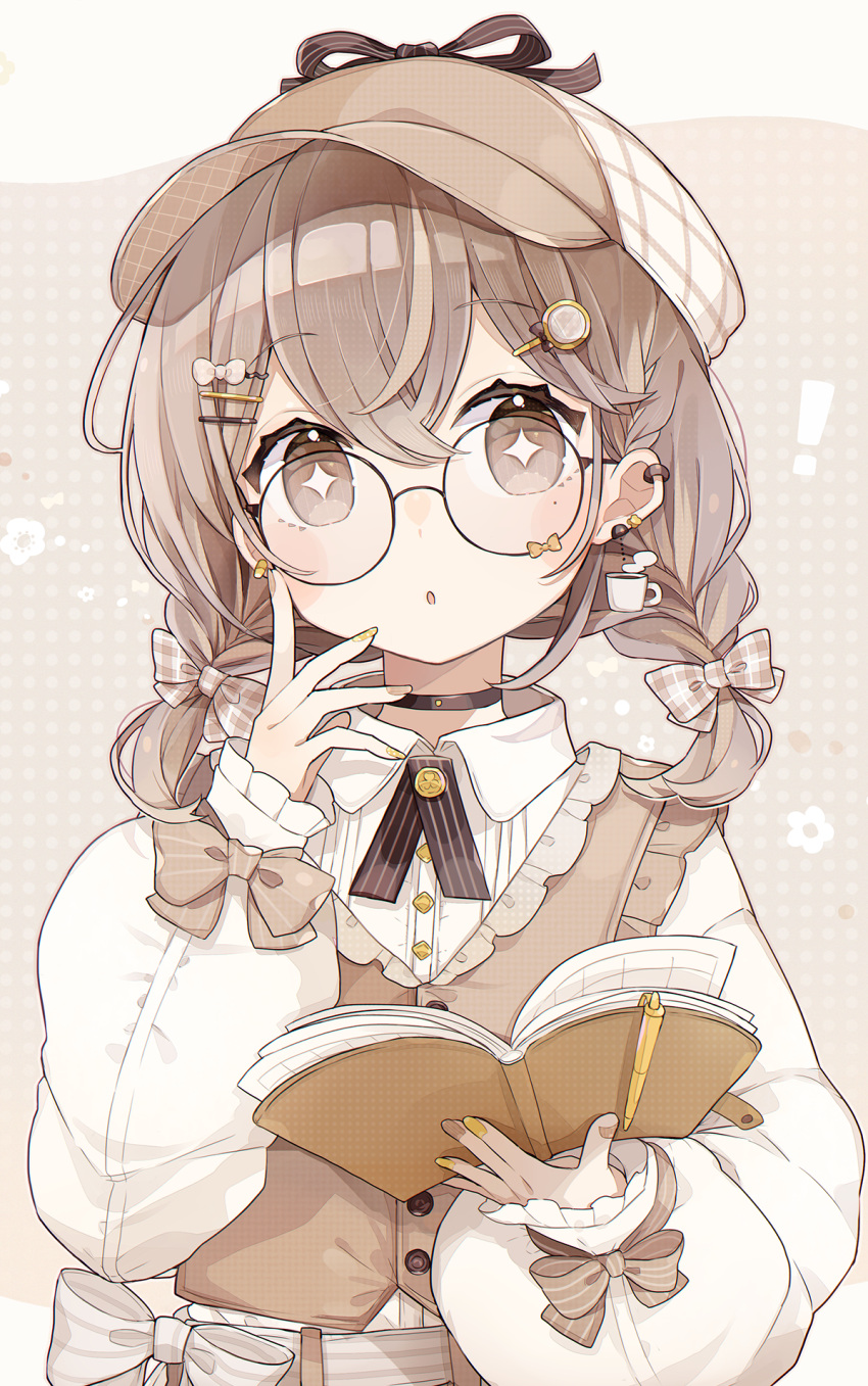 ! 1girl bangs black-framed_eyewear book braid brown_eyes brown_hair brown_headwear brown_nails brown_vest chon_(chon33v) collared_shirt commentary_request dress_shirt glasses hair_between_eyes hair_ornament hairclip highres holding holding_book long_hair long_sleeves looking_at_viewer low_twintails multicolored_nails nail_polish open_book original parted_lips polka_dot polka_dot_background puffy_long_sleeves puffy_sleeves round_eyewear shirt solo twin_braids twintails upper_body vest white_shirt yellow_nails