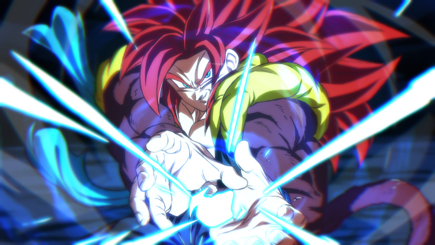 1boy blue_eyes blue_sash body_fur dragon_ball dragon_ball_gt gogeta incoming_attack kamehameha looking_at_viewer male_focus metamoran_vest monkey_tail redhead rom_(20) sash smile smirk solo spiky_hair super_saiyan super_saiyan_4 tail