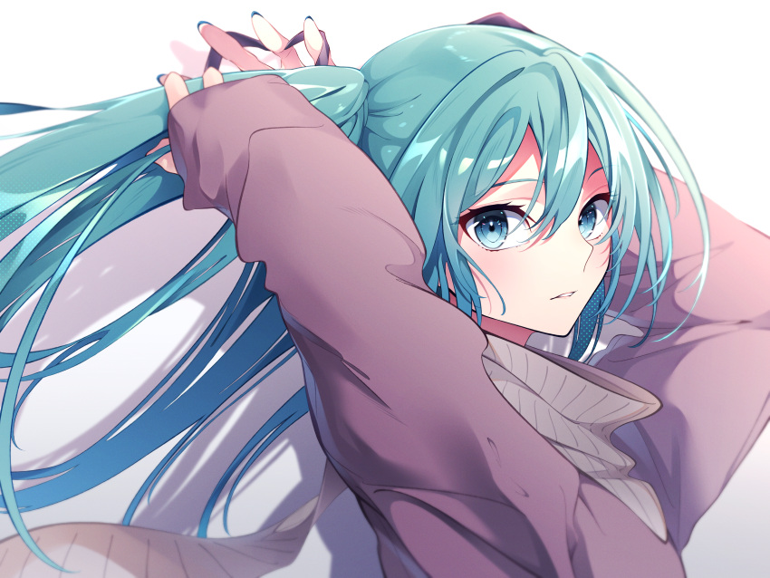 1girl absurdres bag blue_eyes blue_nails coat floating_hair grey_sweater hair_between_eyes hatsune_miku highres long_hair long_sleeves looking_at_viewer nail_polish parted_lips purple_coat revision ribbed_sweater solo sugisoar sweater twintails tying_hair very_long_hair vocaloid white_background