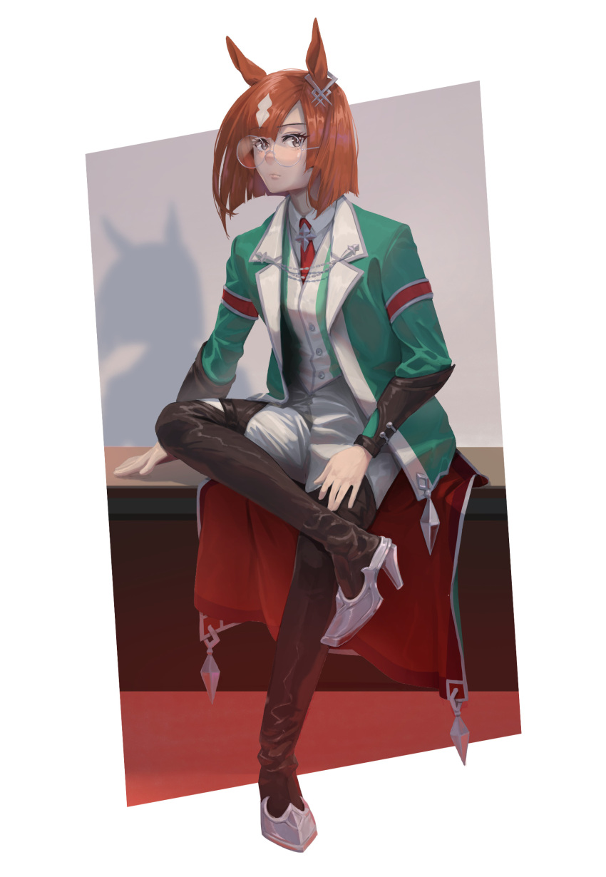 1girl absurdres animal_ears boots brown_hair closed_mouth collared_shirt crossed_legs full_body glass green_jacket grey_eyes grey_pants high_heel_boots high_heels highres horse_ears ikuno_dictus_(umamusume) jacket long_hair long_sleeves looking_at_viewer necktie open_clothes open_jacket pants red_necktie round_eyewear shadow shirt sinnra_art sitting solo thigh_boots umamusume vest