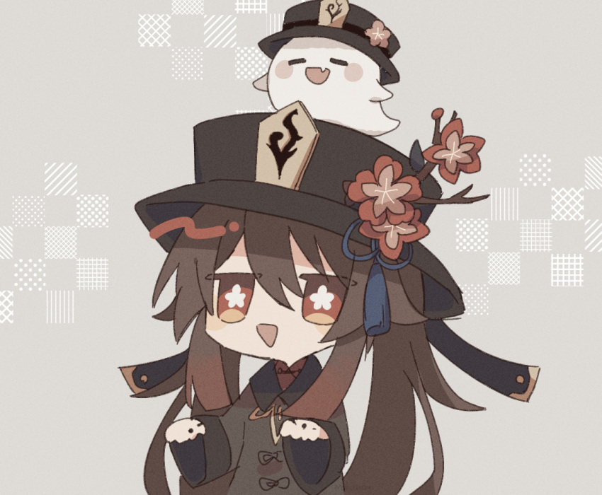 1girl bangs black_headwear black_jacket blush_stickers boo_tao_(genshin_impact) brown_hair chibi commentary_request flower genshin_impact ghost_pose grey_background hair_between_eyes hands_up hat hat_flower hat_ornament hu_tao_(genshin_impact) jacket jewelry long_hair long_sleeves open_mouth plum_blossoms red_eyes ring smile symbol-shaped_pupils tassel upper_body yann7478