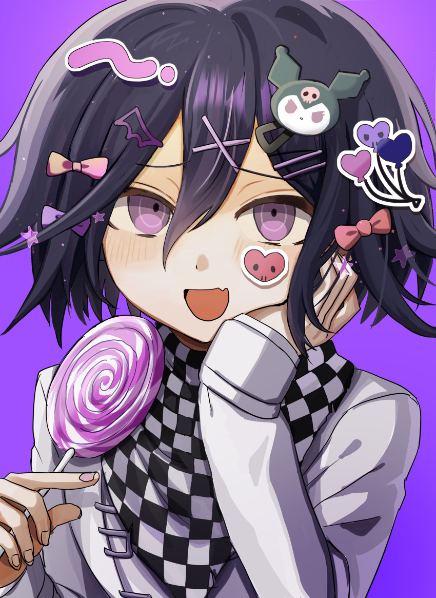 1boy :d absurdres black_hair blush candy checkered_clothes checkered_scarf copyright_request danganronpa_(series) danganronpa_v3:_killing_harmony fang food grey_jacket hair_between_eyes hair_ornament hairclip hand_up heart_stickers highres holding holding_candy holding_food holding_lollipop jacket lollipop looking_at_viewer male_focus medium_hair ouma_kokichi pink_background scarf simple_background skin_fang sleeves_past_wrists smile solo sticker_on_face upper_body x_hair_ornament zhou_ben