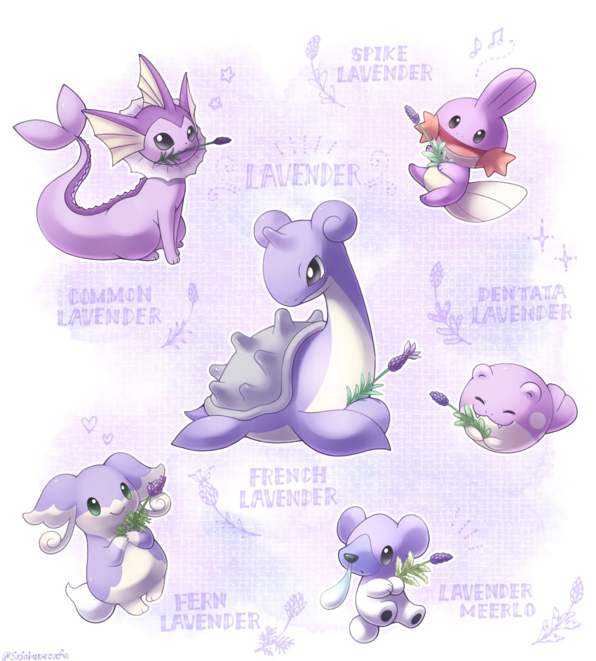 alternate_color artist_name audino black_eyes closed_eyes closed_mouth cubchoo floral_background flower flower_in_mouth green_eyes heart highres holding holding_flower lapras lavender_(flower) mudkip musical_note pokemon pokemon_(creature) sasabunecafe shiny_pokemon sparkle_background spheal star_(symbol) twitter_username vaporeon