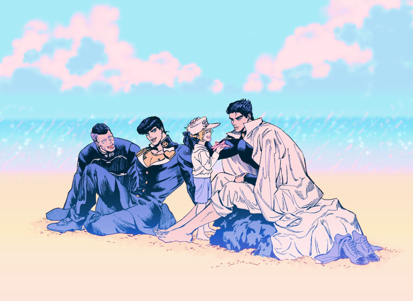 1girl 3boys aged_down anchor_symbol barefoot beach black_hair blue_eyes borrowed_clothes closed_eyes closed_mouth clouds commentary day diamond_wa_kudakenai father_and_daughter feet gakuran hat higashikata_josuke highres holding jojo_no_kimyou_na_bouken kujo_jolyne kujo_jotaro lemona633 long_coat long_hair long_sleeves looking_at_another multicolored_hair multiple_boys muscular muscular_male nijimura_okuyasu open_mouth outdoors pants peace_symbol pompadour sand school_uniform shoes shoes_removed short_hair sitting smile starfish symbol-only_commentary two-tone_hair water