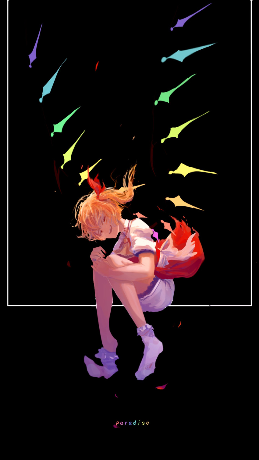 1girl absurdres ascot bangs black_background blonde_hair bloomers collared_shirt crystal flandre_scarlet full_body hair_ribbon head_tilt highres howah18 hugging_own_legs looking_at_viewer medium_hair no_headwear no_shoes one_side_up open_mouth red_ribbon red_skirt red_vest removing_sock ribbon shirt skirt smile socks solo torn_clothes torn_skirt touhou underwear vest white_bloomers white_shirt white_socks wings yellow_ascot yellow_eyes