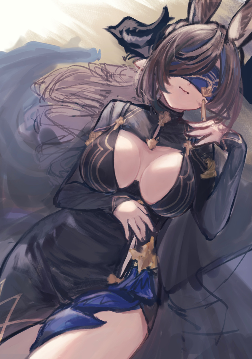 1girl absurdres animal_ears black_dress black_nails blindfold blue_hair breasts brown_hair dress galleon_(granblue_fantasy) granblue_fantasy highres horns inoryyy000 large_breasts lying multicolored_hair on_back pointy_ears solo two-tone_hair