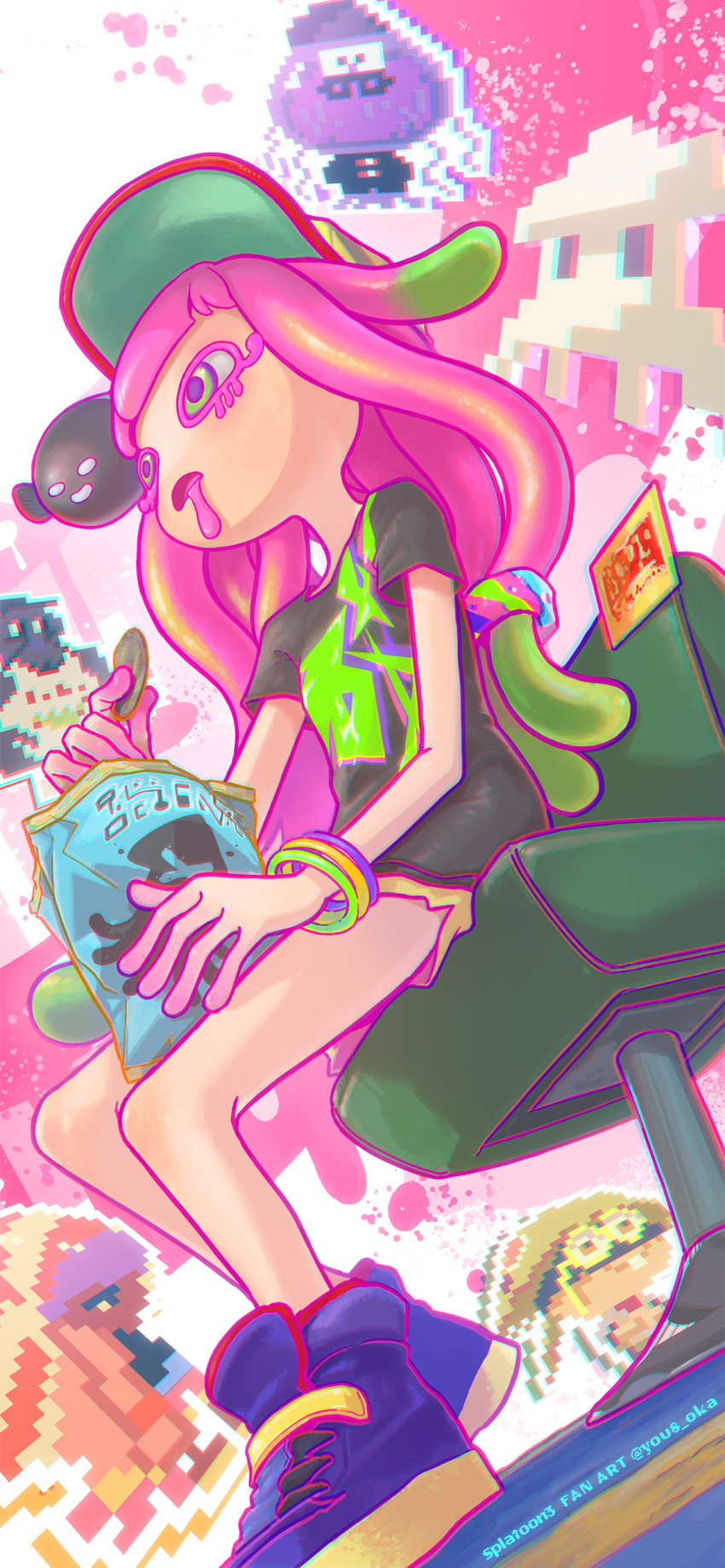 1girl absurdres artist_name bag bag_of_chips bangs black_shirt blunt_bangs bracelet chair character_request chips_(food) commentary_request copyright_name drooling eyelashes fish food from_below gradient_hair green_eyes green_hair harmony's_clownfish_(splatoon) harmony_(splatoon) highres holding holding_food jewelry long_hair looking_down multicolored_hair open_mouth outline pink_background pink_hair pixel_art potato_chips print_shirt purple_footwear purple_outline shirt shoes short_sleeves sitting skirt sneakers splatoon_(series) splatoon_3 splatter_background swivel_chair t-shirt tentacle_hair twitter_username watermark white_background yellow_skirt you8