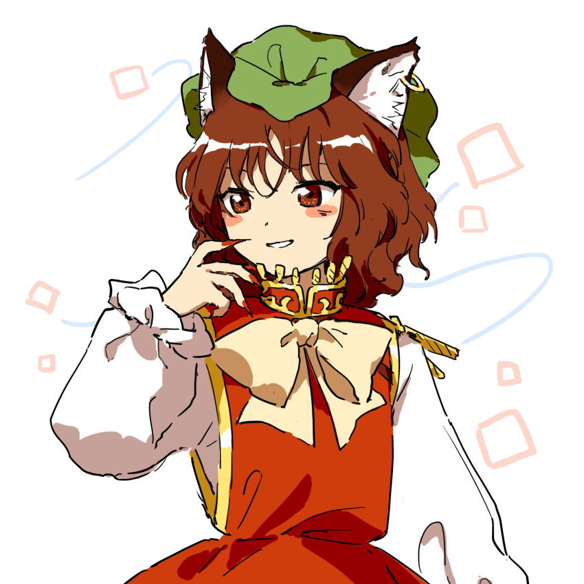 1girl animal_ears blush_stickers brown_eyes brown_hair cat_ears cat_tail chen dress earrings fingernails green_headwear hat highres jewelry kaigen_1025 long_fingernails long_sleeves mob_cap multiple_tails nail_polish open_mouth red_dress red_nails sharp_fingernails short_hair single_earring smile solo tail touhou two_tails upper_body