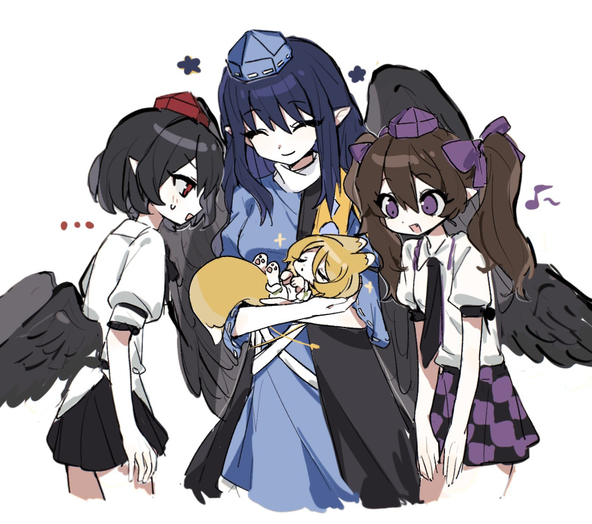 4girls aged_down animal_ears bangs bird_wings blue_dress blue_hair breasts checkered_clothes checkered_skirt closed_eyes cropped_legs dark_blue_hair dress fox_ears fox_tail hat highres himekaidou_hatate holding_baby iizunamaru_megumu kudamaki_tsukasa long_hair low_wings medium_breasts multiple_girls pointy_ears profile shameimaru_aya simple_background skirt sleeves_past_elbows small_breasts smile springarashi02 tail tokin_hat touhou twintails white_background wings