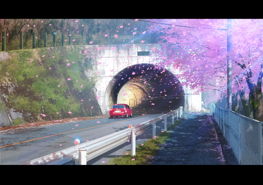 absurdres car cherry_blossoms day falling_petals fence grass ground_vehicle highres moss motor_vehicle no_humans original outdoors pavement petals railing road scenery sumassha_t_t traffic_barrier tree tunnel