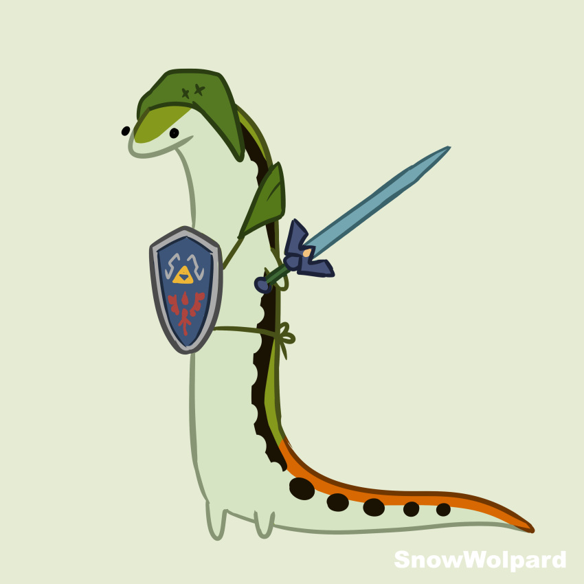 1boy absurdres artist_name black_eyes colored_skin full_body green_headwear green_skin highres holding holding_shield holding_sword holding_weapon hylian_shield link master_sword multicolored_skin orange_skin reptile_boy shield simple_background snowwolpard standing sword the_legend_of_zelda weapon