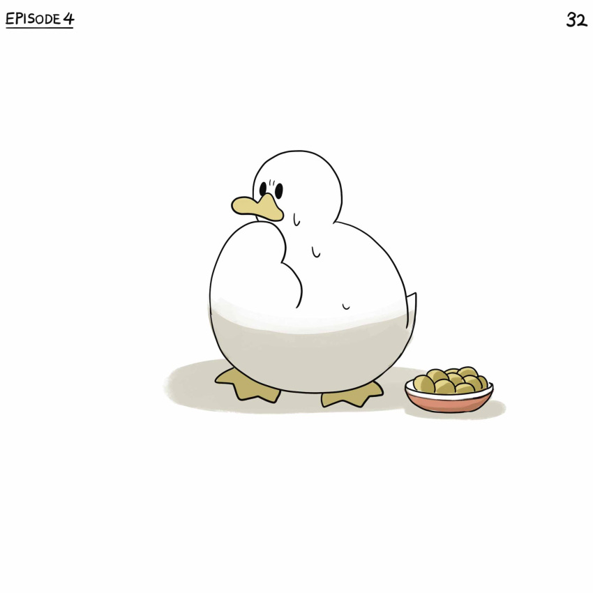 bird bowl corn diva_(hyxpk) duck english_commentary highres no_humans numbered original page_number simple_background sweat white_background worried