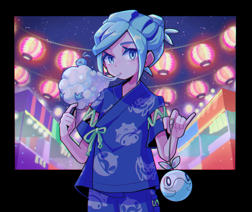 1boy altaria aqua_eyes aqua_hair blue_jacket blue_shorts cetoddle character_print closed_mouth commentary_request cotton_candy eating frosmoth grusha_(pokemon) highres jacket lantern looking_at_viewer male_focus night outdoors paper_lantern pokemon pokemon_(game) pokemon_sv shi_(soudana_sigurd) short_sleeves shorts sky snom solo star_(sky)
