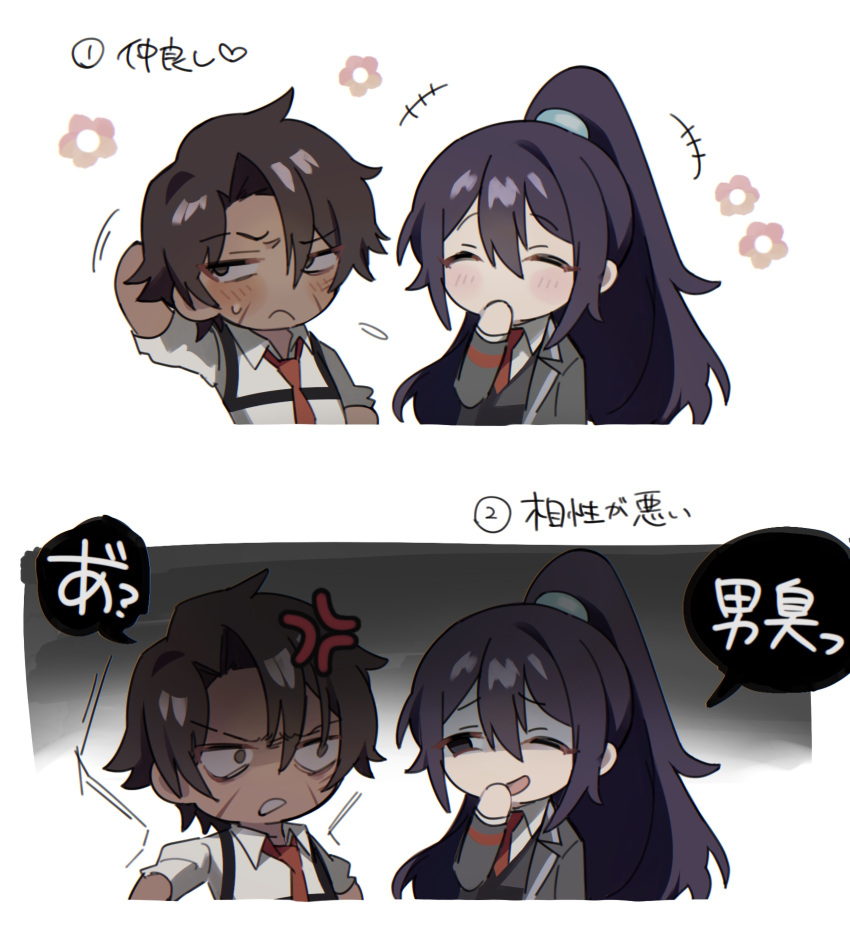 2boys anger_vein arm_behind_head black_eyes blush brown_eyes brown_hair chibi closed_eyes closed_mouth commentary_request covering_mouth dark-skinned_male dark_skin frown grey_jacket grey_shirt hand_over_own_mouth heathcliff_(limbus_company) highres hong_lu_(limbus_company) jacket limbus_company long_hair long_sleeves male_focus mu46016419 multiple_boys necktie one_eye_closed open_mouth ponytail project_moon purple_hair red_necktie scar scar_on_face shirt short_hair short_sleeves sweat translation_request white_shirt