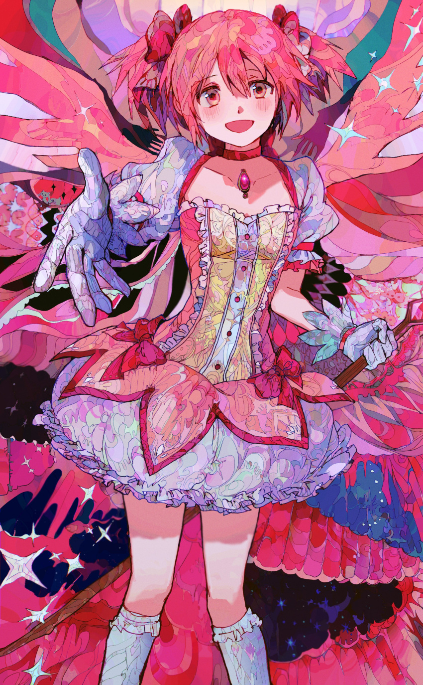 1girl absurdres bangs bow bow_choker bubble_skirt chest_jewel choker commentary dress gloves hair_bow highres kaname_madoka magical_girl mahou_shoujo_madoka_magica pink_bow pink_dress pink_eyes pink_gemstone pink_hair puffy_short_sleeves puffy_sleeves red_choker short_dress short_hair short_sleeves skirt solo soul_gem square_neckline twintails white_gloves white_sleeves yadu_nadu