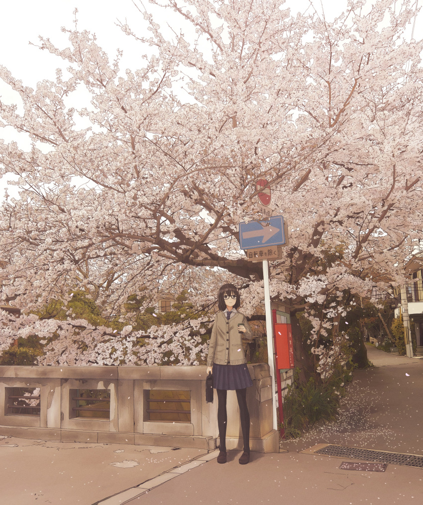 1girl absurdres black_eyes black_hair black_necktie blue_skirt cardigan cherry_blossoms cherry_tree collared_shirt day falling_petals highres holding loafers necktie original outdoors pantyhose petals pleated_skirt road_sign scenery school_briefcase school_uniform shirt shoes short_hair sign skirt solo standing tree unagi189 white_shirt
