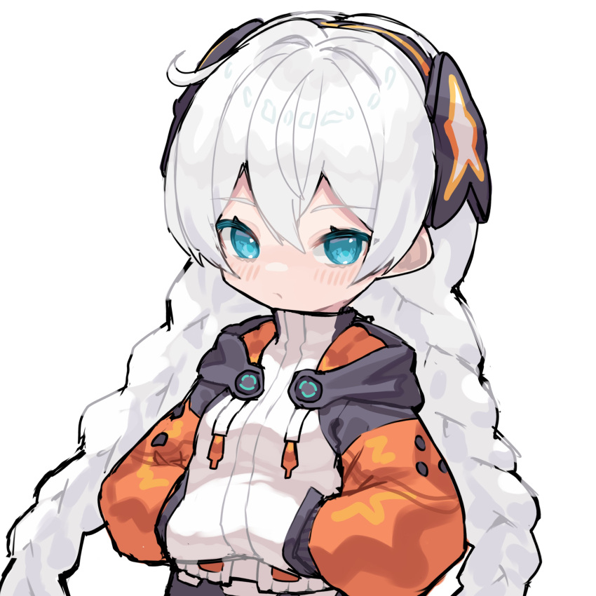 1girl absurdres bangs blue_eyes blush braid closed_mouth commentary hair_between_eyes hands_in_pockets high_collar highres honkai_(series) honkai_impact_3rd jacket kiana_kaslana long_hair long_sleeves looking_at_viewer low_twintails puffy_long_sleeves puffy_sleeves scarlet23i0 simple_background solo twin_braids twintails upper_body very_long_hair white_background white_hair white_jacket