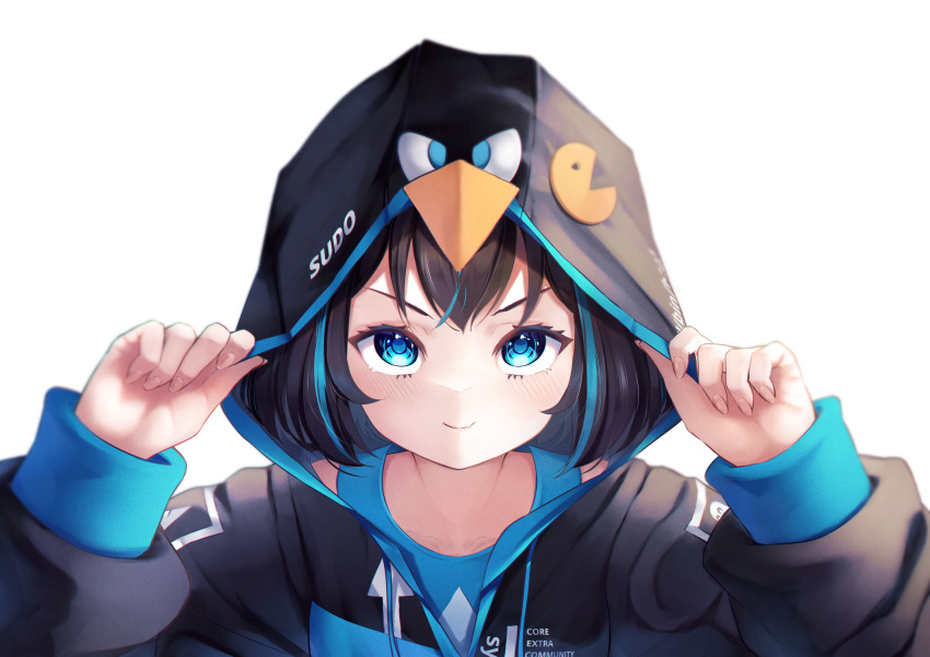 1girl absurdres arch_linux bangs bird black_hair black_hoodie blue_eyes blue_shirt highres hood hoodie krita_(medium) linux long_sleeves looking_at_viewer looking_up os-tan pac-man pac-man_(game) penguin personification raviolimavioli shirt simple_background smile solo sweater upper_body v-shaped_eyebrows white_background