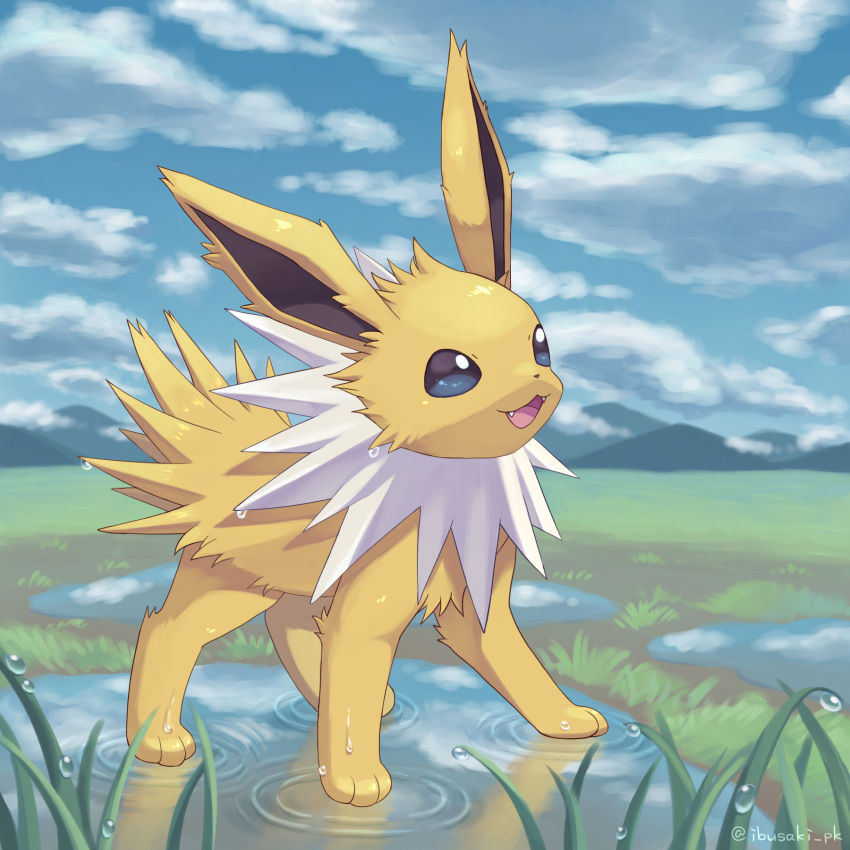 :d clouds commentary_request day fangs full_body highres ibusaki_(ivu) jolteon no_humans open_mouth outdoors pokemon pokemon_(creature) ripples sky smile solo standing tongue water wet